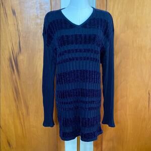Midnight Blue Ramie Cotton Striped Knit Chenille V-Neck Sweater Long Sleeve Cozy